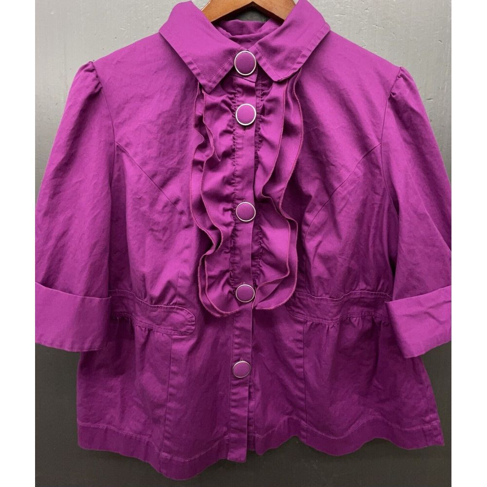 Lane Bryant Shacket 16 Purple Ruffle Button Cotton Stretch 3/4 Sleeve Top Blouse - Picture 3 of 13